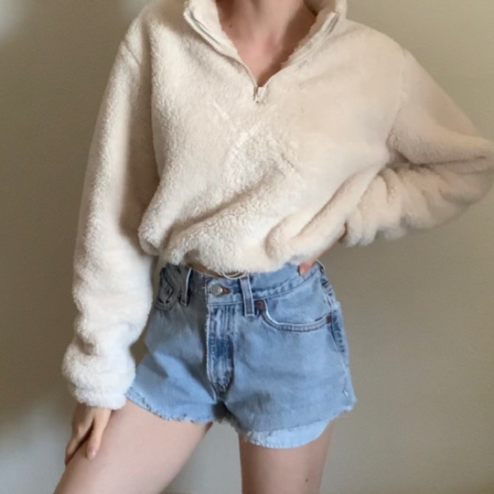 Forever 21 Faux Fur Soft Crop Cinch Waist 1/4 zip